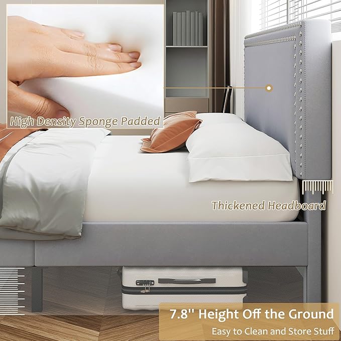 VECELO Full Size Bed Frame with Adjustable Upholstered Headboard, Wooden Slats Platform, Noise-Free Design, Easy Assembly