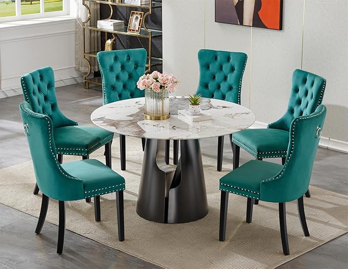 7-Piece Faux Marble Round Dining Table Set for 6, Modern Luxury Kitchen Table Set for 6 with Green Tufted Chairs,Circle Dining Tables with Pandora Grain Top and Black Pedestal Base