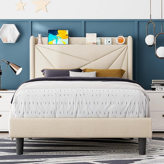 Feonase Twin Size Bed Frame with Charging Station, Upholstered Linen Platform Bed Frame with Wingback Headboard, Solid Wood Slats Support, No Box Spring Needed, Noise Free, Beige