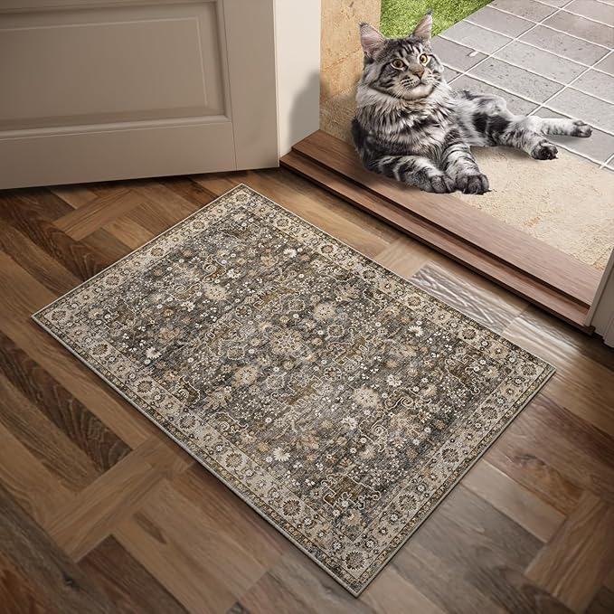 Washable 2'x3' Non Slip Rug Vintage Soft Low Pile Lightweight Boho Area Rugs for High-Traffic Areas (Entryway, Kitchen, Hallway), Farmhouse Decor
