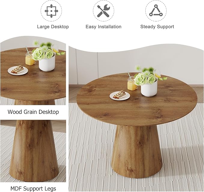 45 Inch Round Dining Table Set for 6, 7 Piece Kitchen Table and Chairs Set, Wooden Table with Light Walnut Finish, Small Space Dining Set for Apartment or Dining Room