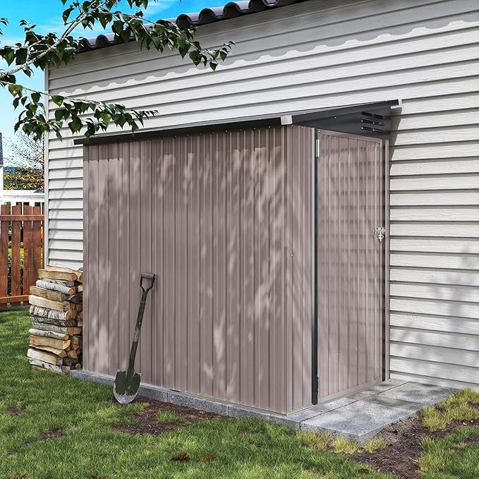 Aoxun 4x6 FT Lean to Shed Garden Metal Storage Shed with Lockable Doors Outdoor Bike Shed for Backyard, Patio, Poolside (Brown)