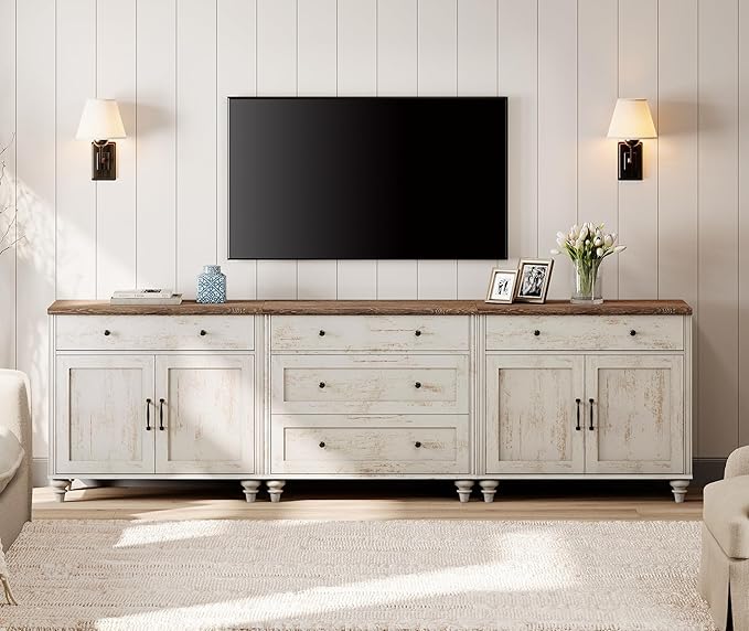 WAMPAT Farmhouse TV Stand for 100 Inch TV, 3-in-1 TV Console Table with 5 Drawers and 4 Doors, Entertainment Center, Kitchen Sideboard Buffet Cabinet for Dining Room, Rustic White