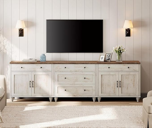 WAMPAT Farmhouse TV Stand for 100 Inch TV, 3-in-1 TV Console Table with 5 Drawers and 4 Doors, Entertainment Center, Kitchen Sideboard Buffet Cabinet for Dining Room, Rustic White