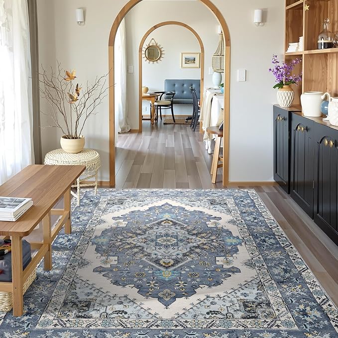 8x10 Area Rug for Living Room, Modern Washable Rug Non Slip Low Pile Large Area Rugs for Living Room, Bedroom, Farmhouse, Dining Room, Blue