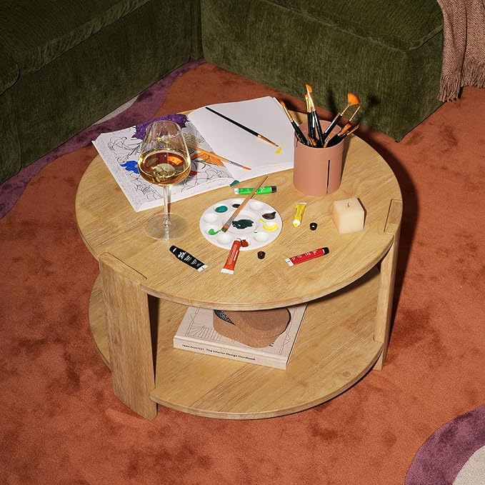 mopio Logan Solid Wood 2-Tier Round Coffee Table, Modern Farmhouse Solid Rubberwood with Light Wire Brush Rectangle Shaped Leg