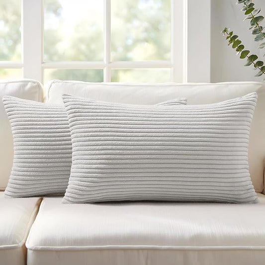 Mecatny Corduroy Decorative Throw Pillow Covers 12x20 Set of 2 for Sofa Living Room, Soft Neutral Boho Couch Pillow Covers for Home Decor, Grey