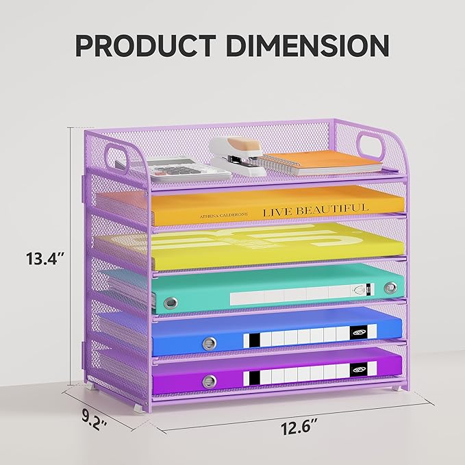 6 Tier Paper Organizer with Handle, Metal Desk Organizer Mesh Paper Letter Tray Desktop File Folder Document Sorter for Classroom, School, Office Accessories Organization and Storage - Purple