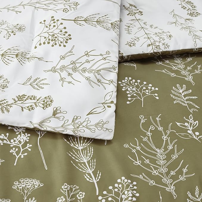 Bedsure Twin/Twin XL Comforter Set - Olive Green Bed Set, 2 Pieces Cute Floral Bedding, 1 Soft Reversible Botanical Flowers Comforter and 1 Pillow Sham