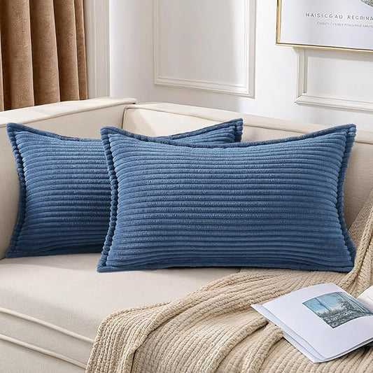 Mecatny Corduroy Throw Pillow Covers 12x20 Set of 2, Neutral Decorative Soft Boho Lumbar Couch Pillow Covers with Broadside for Sofa Living Room, Navy
