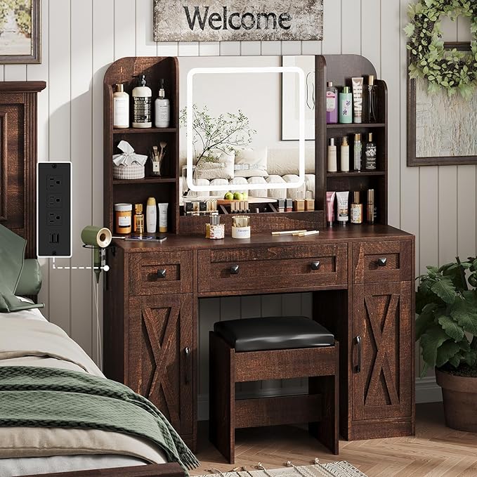 Vabches Makeup Vanity Desk, Vanity Mirror with Lights Desk and Chair,Makeup Table with 3 Large Drawers and 2 Cabinets, Time and Temperature Display, 3 LED Lighting Modes Adjustable, Brown