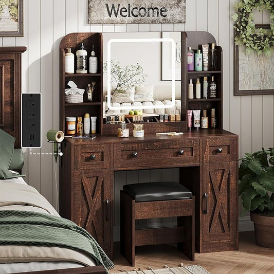 Vabches Makeup Vanity Desk, Vanity Mirror with Lights Desk and Chair,Makeup Table with 3 Large Drawers and 2 Cabinets, Time and Temperature Display, 3 LED Lighting Modes Adjustable, Brown