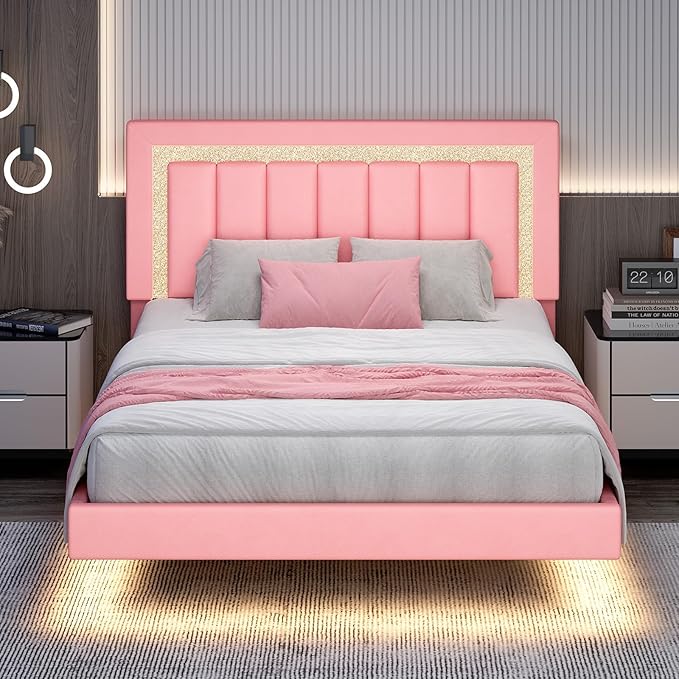 HOMBCK Floating Bed Frame Full with Smart LED Lights, Faux Leather Upholstered Platform Bed with Diamond PU Headboard, No Box Spring Needed, Noise-Free, Easy Assembly, Pink