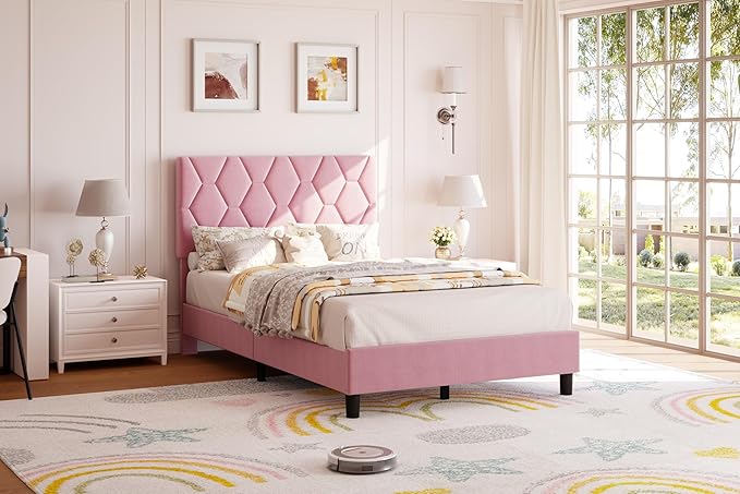 GAOMON Pink Twin Bed Frame with Upholstered Headboard, Heavy-Duty Platform Bed Frame with Strong Wood Slats, No Box Spring Needed/Noise Free/Easy Assembly