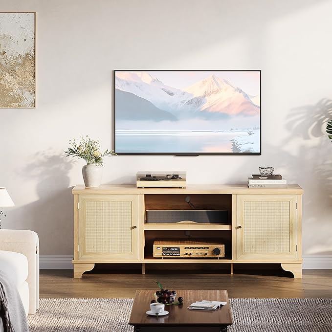 Rattan TV Stand Fits TVs Up to 70 Inches, Farmhouse Entertainment Center with Cabinets and Open Shelves, Wooden Media Console Table for Living Room, Oak