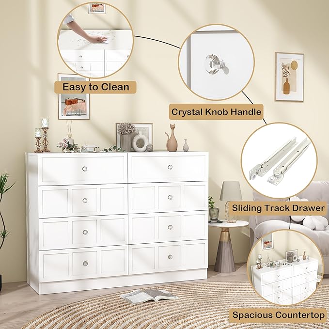 8 Drawer Dresser for Bedroom: 47" Fluted White Dresser Deep Drawers, Modern Chest of Drawers for Bedroom, Fluted Wood Dressers for Living Room, Hallway