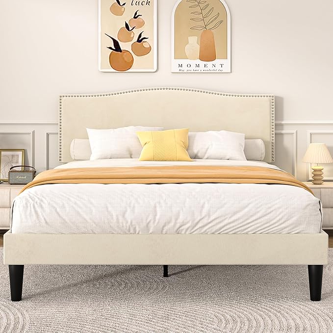 VECELO Full Bed Frame, Platform Bed Frame with Adjustable Height Upholstered Headboard, Heavy-Duty Frame and Strong Wooden Slats Support, Non-Slip and Noise-Free, Easy Assembly, Beige