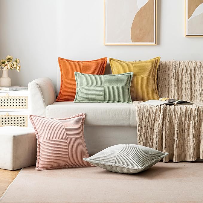 MIULEE Decorative Throw Pillow Covers for Couch Bed Livingroom 18x18 Inch Set of 2 Gold Boho Accent Throw Pllows Broadside Striped Patchwork Soft Corduroy Summer Pillowcases