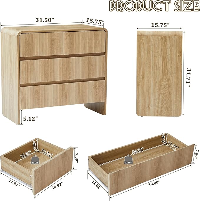 Fluted 3 Drawer Dresser for Bedroom,Mid Century Modern Wide Chest of Drawer,Curved Edge Wood Closet Dresser Nightstand for Bedroom Living Room Hallways (Natural, Wide 3 Drawer)