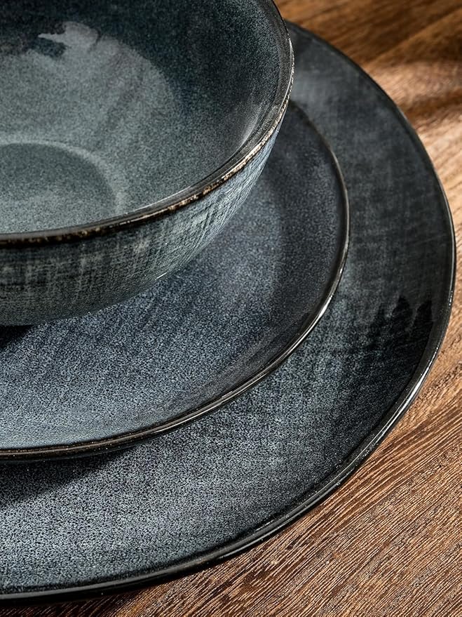 Famiware Moonlight Plates and Bowls Sets, 18 Pieces Stoneware Dinnerware Sets with Linen Finish, Handmade Dishware set for 6, Microwave and Dishwasher Safe, Scratch Resistant Tableware, Dark Blue