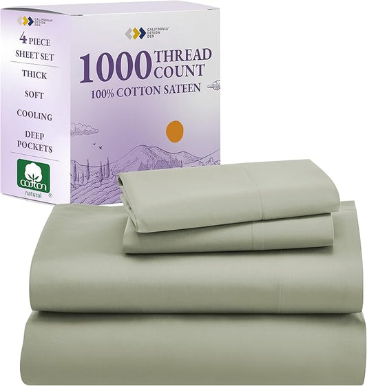 California Design Den Thick and Natural 100% Cotton Bed Sheets King Size Set - Luxury 1000 Thread Count Sateen, Deep Pocket Sheet & Pillowcase Sets, Soft, Breathable and Durable Bedding - Sage Green