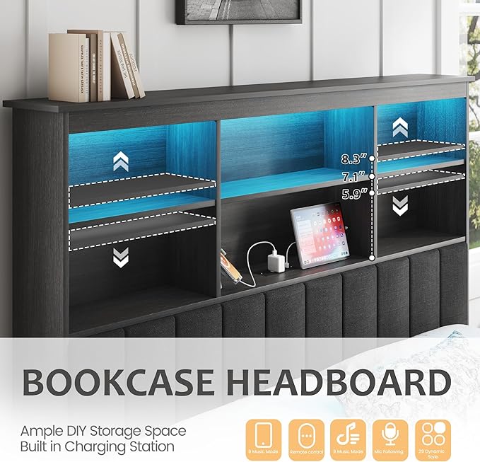 HISOFT Full Bed Frame with Storage Headboard, Wood Bed with High Storage Bookcase, 4 Drawers & LED & Charging Station,No Box Spring Needed/Noise Free/All-Metal Support, Rustic Grey
