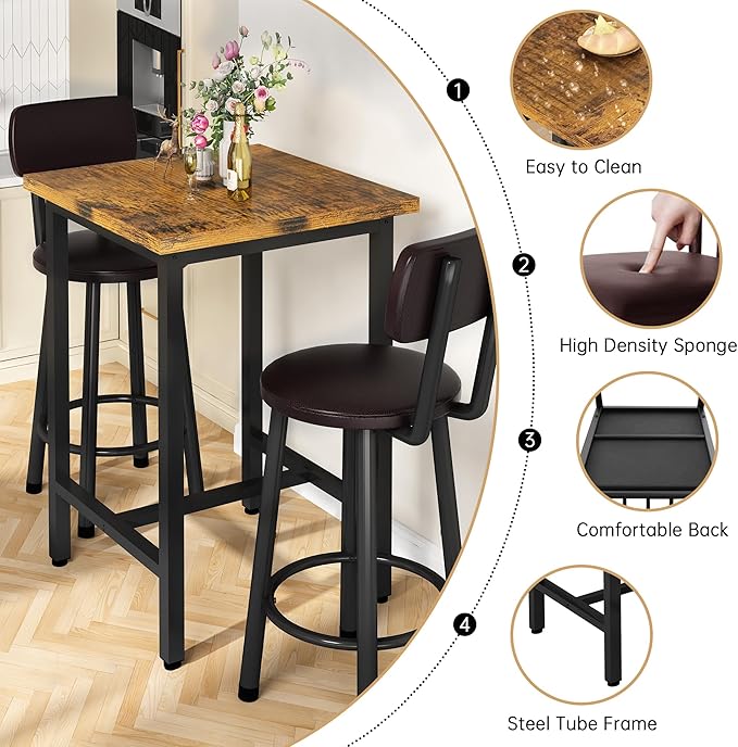 Recaceik 3 Piece Pub Dining Set, Modern bar Table and Stools for 2 Kitchen Counter Height Wood Top Bistro Easy Assemble for Breakfast Nook Living Room Small Space Restaurant, Rustic Brown 24”