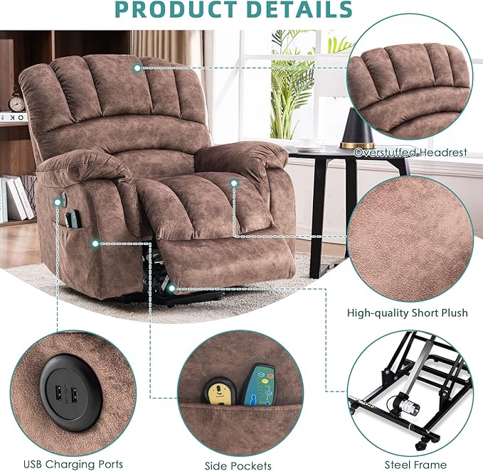 MEETWARM Large Power Lift Electric Recliner Chair with Massage and Heat, Overstuffed Wide Recliner for Elderly Big People, Plush Fabric Recliners with 2 Remote Controls, USB Ports, Side Pockets（Brown）