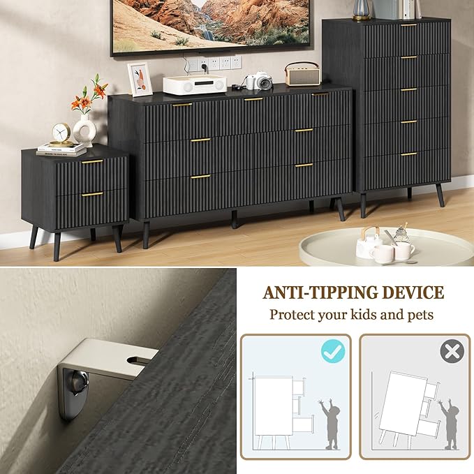 CARPETNAL Fluted 7 Double Drawers Black Dresser for Bedroom, 55”Wide Modern Chest of Drawers with Deep Drawers,Wood Drawer Organizer for Bedroom Living Room, Hallway, Black