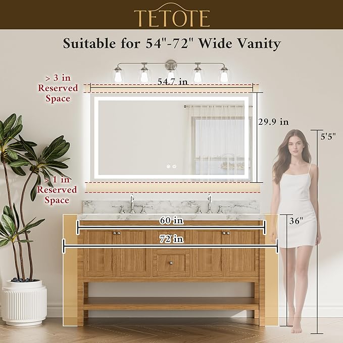 TETOTE 55 x 30 LED Bathroom Mirror with Frontlit and Backlit, Brighter Light up Bathroom Vanity Mirror with Lights, 3-Color Dimmable Lighted Vanity Anti Fog Mirror, Waterproof, Shatterproof