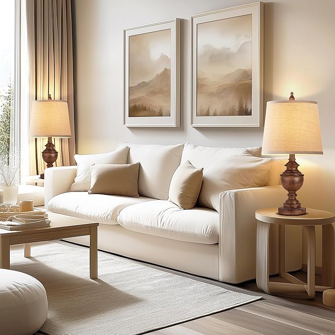 PARTPHONER Retro Table Lamps Set of 2, Bedside Lamp for Bedroom Rustic Farmhouse Table Lamps for Living Room, Vintage Nightstand Lamps with White Shades, Wood Grain