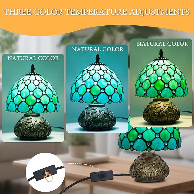 Small Tiffany Stained Glass Lamp, 3 Color Temperatures Bedside Lamp, 8 Inch Blue Pearl Beads Style Mushroom Desk Light for Bedroom Living Room Office Home Decor (Blue)