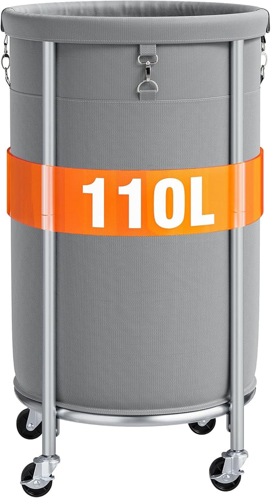 ELYKEN Laundry Hamper with Wheels, 110L Rolling Laundry Basket, Round Laundry Cart with Steel Frame and Removable Bag, 4 Casters and 2 Brakes, Dirty Clothes Hamper for Hotel, Home, Closet, Dorm, Gray