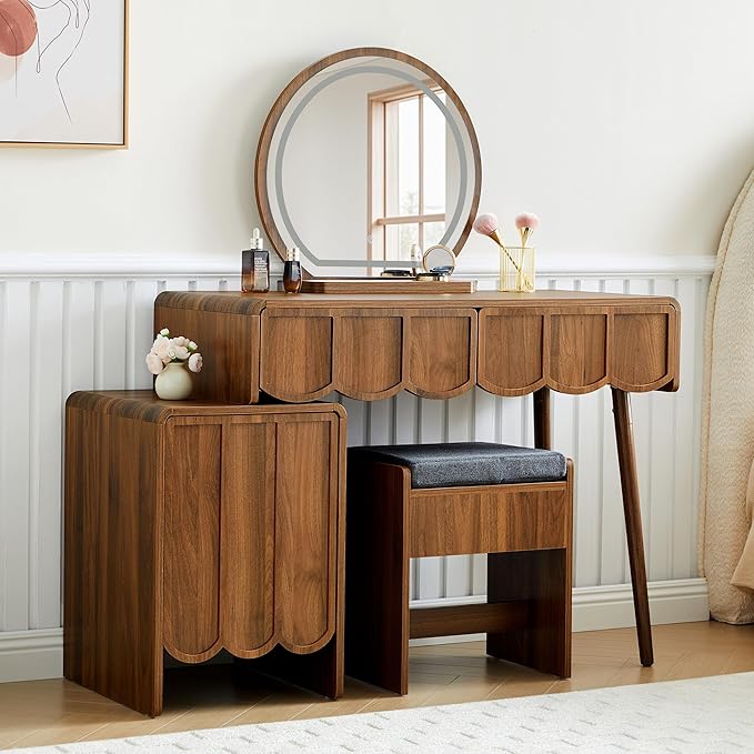 ORRD Vanity Desk with Mirror and Lights, Modern Wood Wave Panel Vanity Desk Set Makeup Table with Drawers and Cabinet, Dressing Table with Storage for Bedroom, Walnut