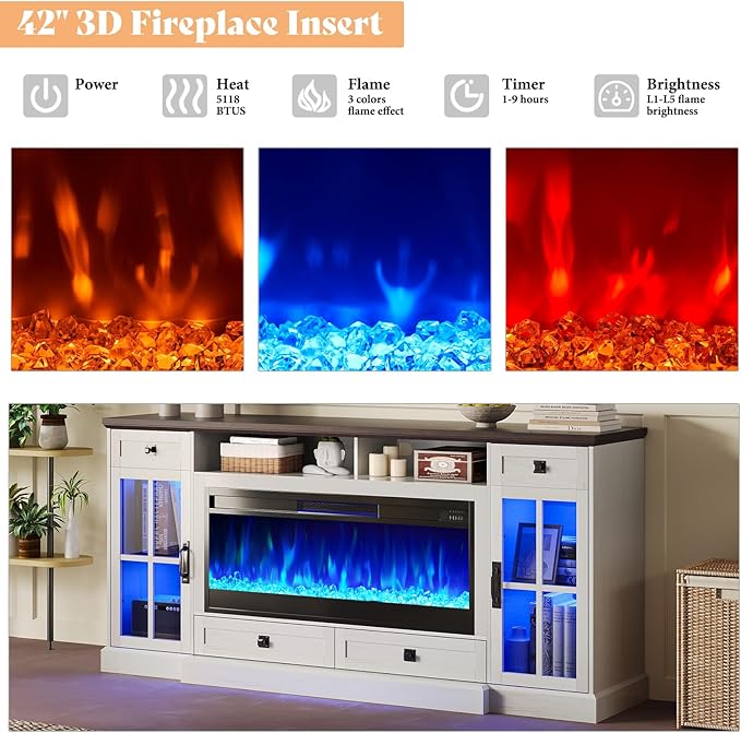 AMERLIFE 70“ Fireplace TV Stand for 80 Inch TV, Farmhouse TV Stand with 42" Fireplace & LED Lights, Entertainment Center with Storage Drawers & Cabinets, Antique White