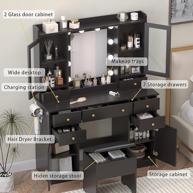Vanity Desk with Mirror and Lights, 43" Black Makeup Vanity Set with 5 Drawers & Glass Cabinets, Storage Stool, Power Outlet & Adjustable LED Lights, Dressing Table for Women & Girls Bedroom