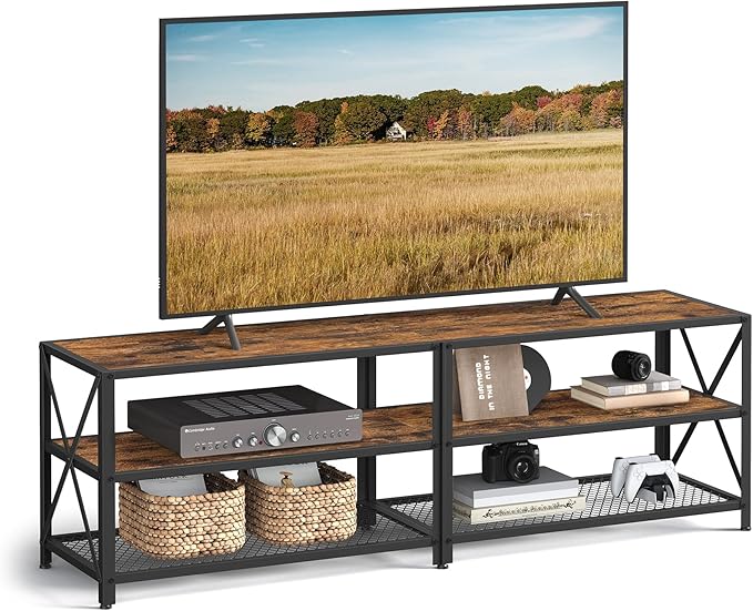 VASAGLE TV Stand for TV up to 70 Inches, TV Table, Entertainment Center, 3-Tier TV Console, Steel Frame, Industrial Style, for Living Room, Rustic Brown and Black ULTV095B01