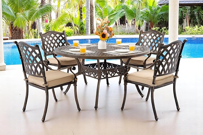 5 Piece Outdoor Dining Set Cast Aluminum, Retro Patio Dining Furniture Set for 4 Includes 54’’ Round Table 4 Chairs with Thicker Cushion and Umbrella Hole for Patio Deck Garden