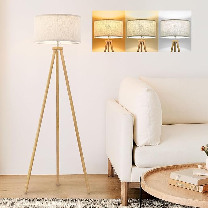 ELYONA Wood Tripod Floor Lamp for Living Room, Nordic Standing lamp with 3 Color Temperatures LED Bulb Included & Beige Linen Shade, Footswitch, Tall lamp for Bedroom, Office, Study Room, Natural Wood