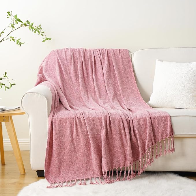 BATTILO HOME Chenille Throw Blanket for Couch, Soft Cozy Throw Blanket with Fringe Tassels, Lightweight Knitted Throw for Spring Summer, Pink, 50"x60"
