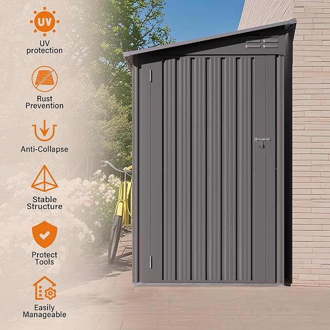 4x9 ft Lean to Shed, Outdoor Storage Shed with Lockable Single Door and Window, Metal Storage Sheds with Sloping Roof and 2 Vents, Outside Garden Tool Sheds for Backyard, Patio (Grey)