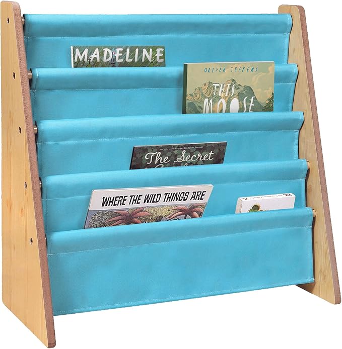 Wildkin Wooden Sling Bookshelf for Kids – Premium Canvas Design with 4 Fabric Shelves, Organizer for Home or Classroom - Natural w/Aqua