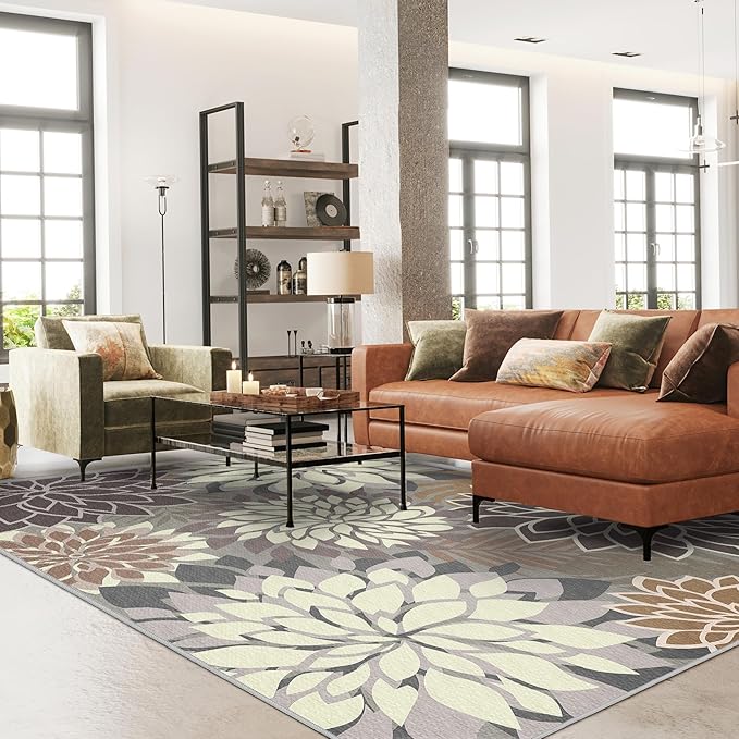 Indoor Outdoor Area Rug Washable Multicolored Patio Rug Tropical Botanical Modern Floral Indoor Outdoor Carpet Brown White Rug Non Slip Non Shedding for Patio, Deck, Backyard, Porch (5x8)