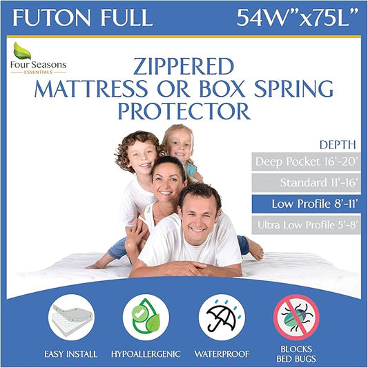 Futon Full Mattress Protector (54" x 75") Waterproof Zippered Encasement Premium White Bed Cover Protects Against Allergens Dust (8"-11" Depth)