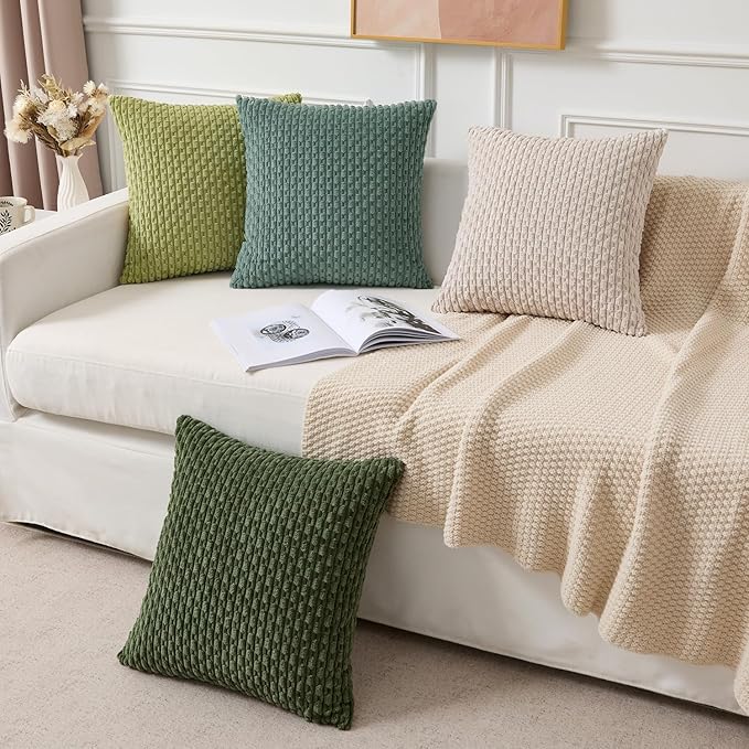 Kevin Textile Decorative Pillow Covers Set of 2 Striped Plush Corduroy Pillows Pillowcases Boho Home Decor Cushion Covers for Couch Sofa Bed Living Room 16x16 Inch, Teal Green