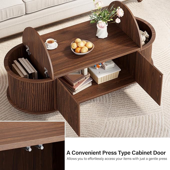 HSH Oval Coffee Table with Storage, 47” Modern Coffee Table with Press Type Door, Fluted Living Room Tables with 2 Flip-Top Hidden Lids, Wood Center Table for Living Room, Office,Walnut