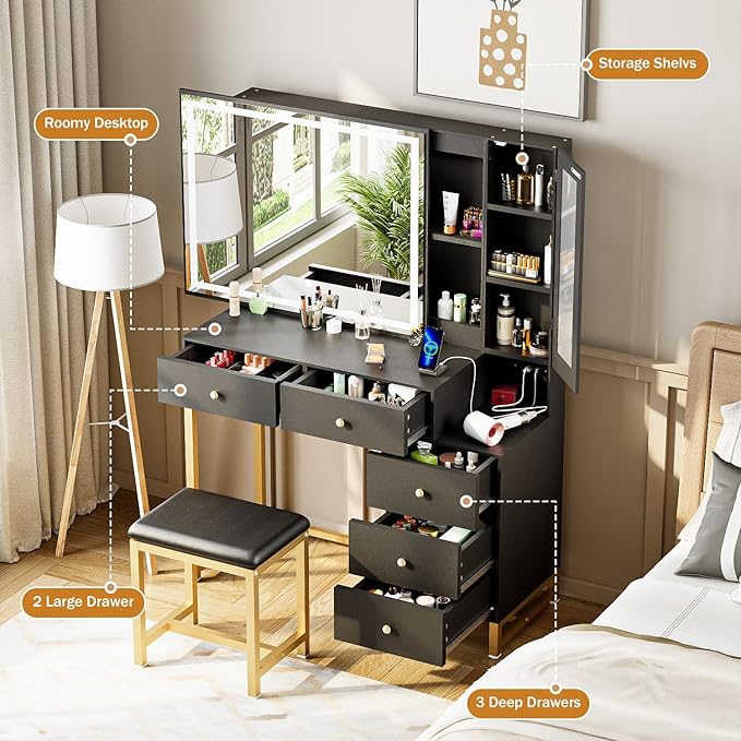Black Vanity Desk with Mirror and Lights, Makeup Table with Socket Dressing Table Set with Stool, 5 Drawers, Storage Cabinet and Hidden Storage Compartment for Bedroom Dressing Room