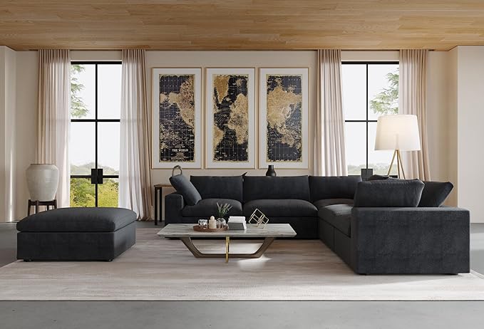 JACH V Shape Couch Sectional for Living Room, Modular Convertible Sofa, Couch Cushion Covers Removable, Cloud Sofas with Chaise Ottoman for Living Room, Bedroom, Apartment (Black)