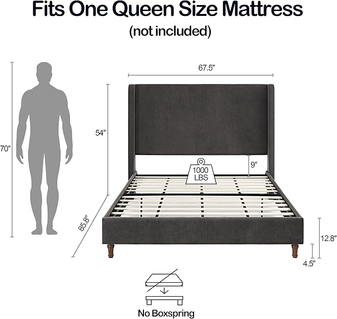 GDFStudio Tall Headboard Upholstered Bed,Queen Size Platform Bed Frame with Headboard Wingback,54" High No Box Spring Needed Easy Assembly Elegant Simplicity Dark Gray Velvet