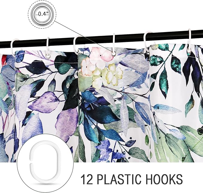 Gibelle Extra Long Shower Curtain 72 x 84, Green Eucalyptus Leaves Shower Curtain, Watercolor Floral Plant Bathroom Curtains Shower Set with Hooks